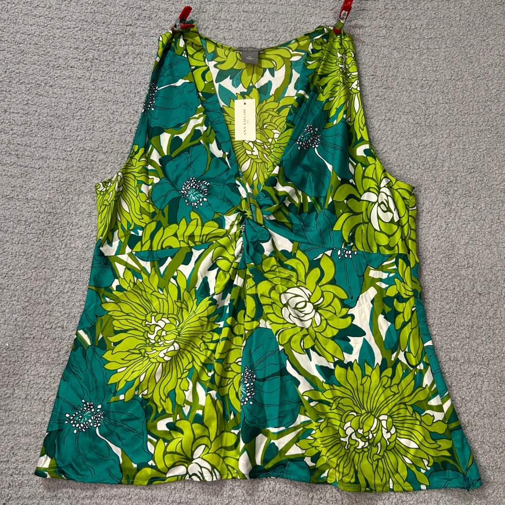Ann Taylor Blouse Twist Front 12 Green Floral Satin Sleeveless V-Neck 85190139